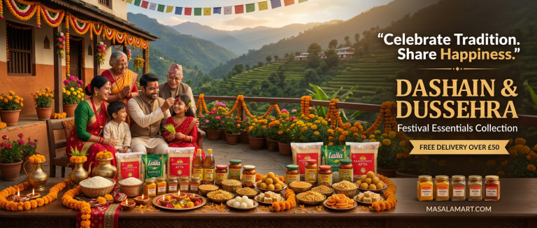 Family celebrating Dashain and Dussehra beside festive foods; “Celebrate Tradition. Share Happiness.” “DASHAIN & DUSSEHRA” “Festival Essentials Collection” “FREE DELIVERY OVER £50” “MASALAMART.COM”