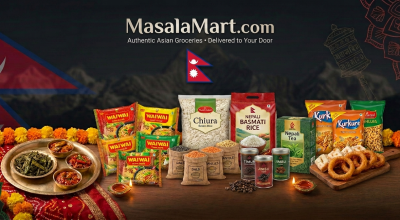 MasalaMart.com banner reading “NEPALI KINAU,” “Authentic Nepali Groceries Delivered to Your Door,” “Shop Now,” and “Free Delivery Over £50,” with Nepali groceries and snacks displayed.